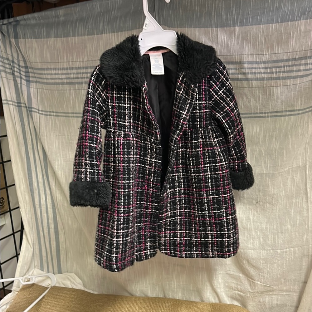 Wonderkids Plaid Pea Coat with Faux Fur Trim